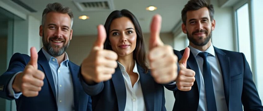 Business professionals give thumbs up in a modern office, camera slowly pans across the scene, capturing their confident expressions; cinematic style with ambient light flickering gently.