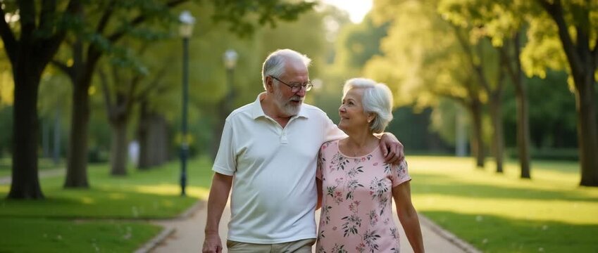 Elderly couple strolls through a sunlit park, warmly conversing; camera gently tracks their movement as trees sway softly in the breeze, creating a cinematic and serene atmosphere.