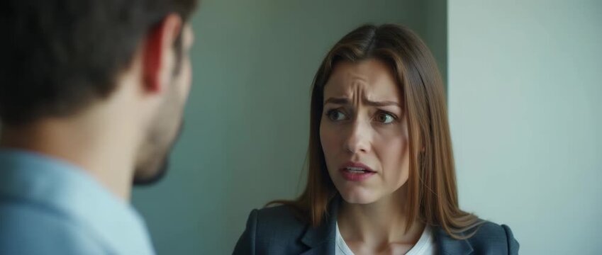 A woman in a suit expresses concern during a tense office conversation, with the camera slowly panning to reveal her colleague, creating a cinematic atmosphere of corporate drama.