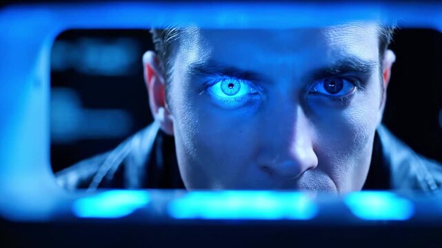 Intense close-up of a man peering through a blue-lit frame, eyes bright and intensely focused right