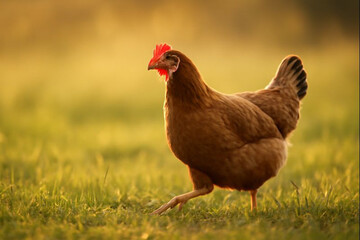 Fototapeta premium AI generated chicken walking in a sunlit farmyard, illuminated by golden light. The scene features soft, detailed textures and a blurred background, ideal for natural and rural-themed projects.
