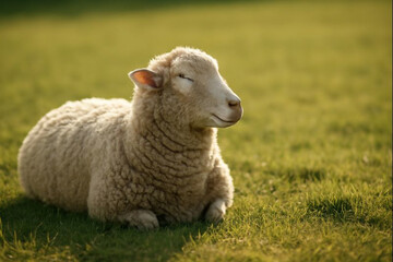 Fototapeta premium AI generated serene image of a sheep relaxing in a meadow with warm sunlight casting dynamic shadows on the lush grass. Perfect for nature and peaceful content.