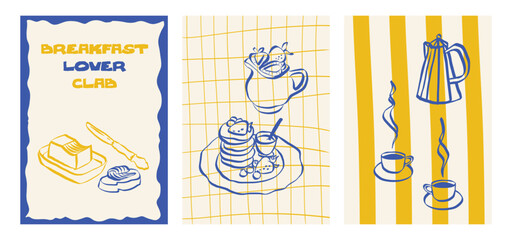 Whimsical cafe doodles featuring coffee cups and breakfast items. Sketch style icons including pancakes, espresso and desserts. Ideal for menu design, branding or retro posters. Vector illustration
