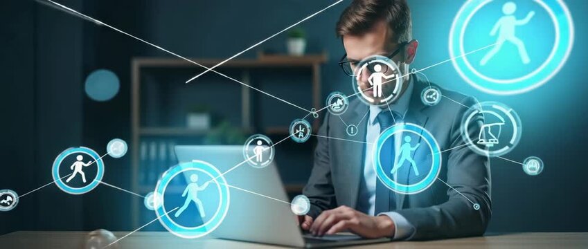 Businessman typing on laptop in modern office, surrounded by digital icons, with subtle screen glow; camera slowly pans across the scene, capturing ambient light flickers in a cinematic style.