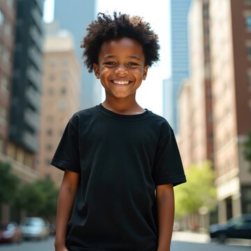 Young african american boy with curly hair smiles warmly outdoors in city street. Wears simple black t-shirt, looks directly at camera with happy expression. Buildings line blurred background,