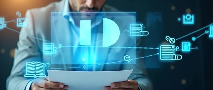 Businessman examines digital document in a futuristic, cinematic setting; camera gently pans as holographic icons float, creating ambient motion; ideal for technology and innovation themes.