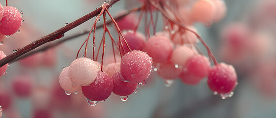 Winter Berries Embrace: Delicate pink berries, adorned with sparkling droplets of moisture, cluster gracefully on a bare branch. This serene scene captures the tranquil beauty of nature during winter.