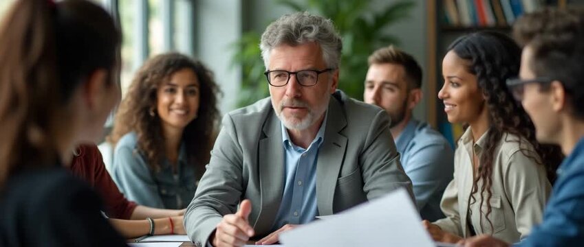 Dynamic business meeting as diverse team collaborates around a table, camera gently panning to capture engaged expressions, with ambient light creating a vibrant, cinematic atmosphere.