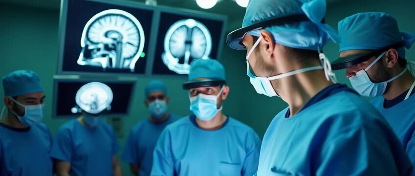 Surgeons in a modern operating room perform delicate surgery, hands moving with precision; the camera slowly pans across the scene, capturing the dynamic, cinematic teamwork and focused intensity.