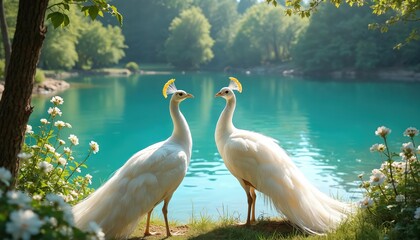 Two white peacocks stand by bright blue water with green trees. White flowers grow near birds and lake. Sunlight shines on natural landscape with wild animals in summer. Nature scene.