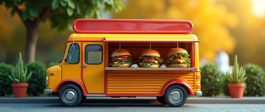 Vibrant food truck with gourmet burgers on display, gently sways as camera smoothly pans across a sunlit street, showcasing street food culture in a cinematic, inviting style.