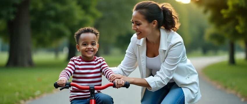 Mother guides child learning to ride a bike in a sunlit park, creating a heartwarming, cinematic scene; camera gently pans, capturing joyful expressions and swaying trees in the background.