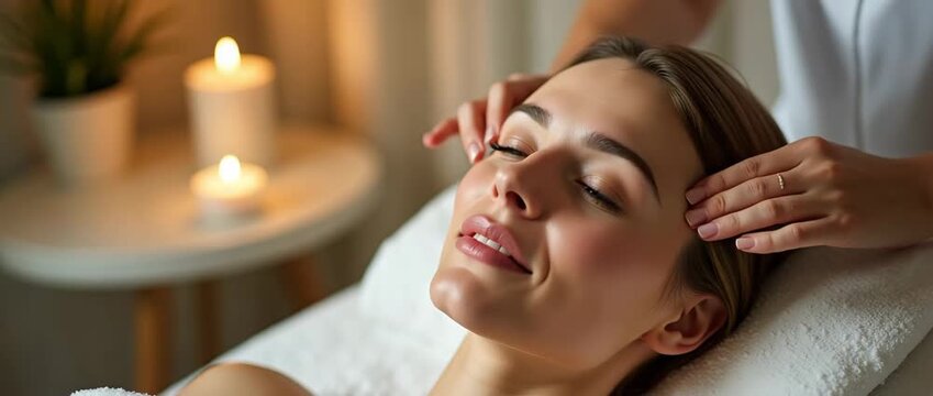 Relaxing massage therapy session in a tranquil spa setting, with gentle ambient lighting flicker and a smooth camera pan capturing serene facial expressions, perfect for wellness promotions.
