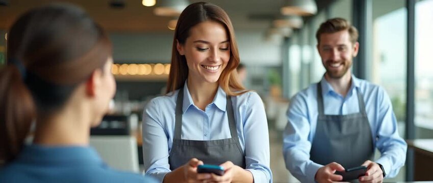 Friendly baristas exchange smiles and serve customers, slow pan across bustling caf? interior, warm ambient lighting creates inviting atmosphere, cinematic style.