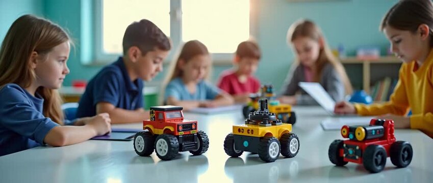 Children engage in creative learning with robotic toy cars on a classroom table; the camera gently pans as sunlight streams in, creating a warm, cinematic atmosphere.