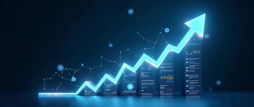 Dynamic growth chart animation with a glowing blue arrow rising, as the camera gently pans across the scene, highlighting data analysis in a sleek, futuristic style.