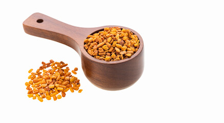 Dried, organic fenugreek seeds in a measuring spoon - Methi Dana