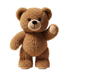Obraz premium vintage chocolate plush teddy bear waving cheerfully, visible soft fur texture, isolated on a seamless bright white studio background with copy space. concept of childhood comfort and friendship