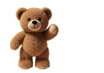 vintage chocolate plush teddy bear waving cheerfully, visible soft fur texture, isolated on a seamless bright white studio background with copy space. concept of childhood comfort and friendship