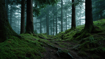 Misty moss covered forest path winding between tall evergreen trees, exposed roots and soft green groundcover creating calm mysterious atmosphere
