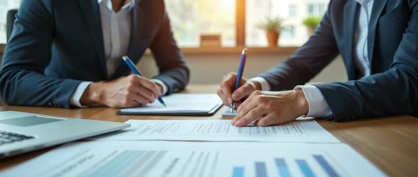 Business professionals collaborate at a modern desk, exchanging ideas with focused writing; the camera smoothly pans across the workspace as sunlight gently flickers, creating a cinematic ambiance.