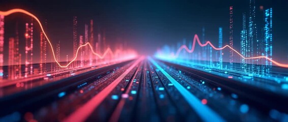 Cinematic data visualization with dynamic graphs and charts pulsating, as the camera smoothly tracks forward, amidst vibrant digital networks and glowing analytics in a futuristic style. - Powered by Adobe
