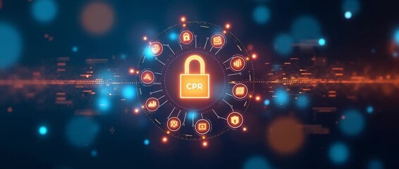 Glowing cybersecurity icons orbit a central lock symbol in a futuristic digital interface, with a slow camera pan and ambient lights flicker, creating a cinematic security technology scene. - Powered by Adobe