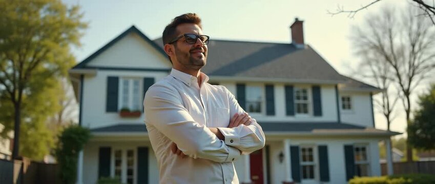 Confident man in sunglasses stands in front of suburban house, arms crossed, as leaves gently sway and camera slowly pans, capturing the serene, cinematic ambiance.