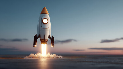 Glowing white rocket ship ascending from smooth surface with fiery exhaust at dusk, dramatic lighting and cinematic atmosphere conveying motion and excitement