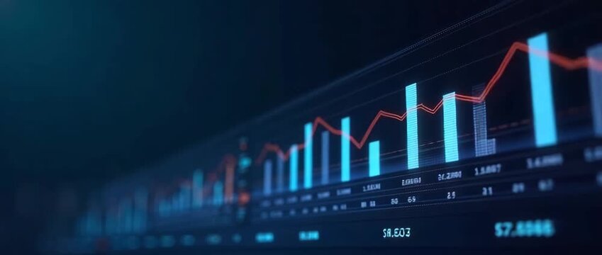 Dynamic financial charts animate smoothly across a dark screen as the camera slowly pans, revealing evolving data trends in a cinematic, high-tech style, ideal for business analytics.