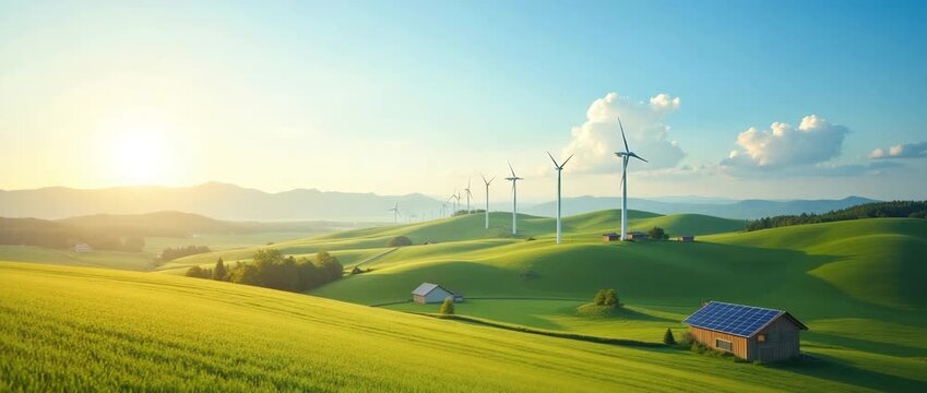 Sunlit wind turbines gently rotate on lush green hills, while the camera smoothly pans across the renewable energy landscape, capturing a cinematic view of sustainability and innovation.