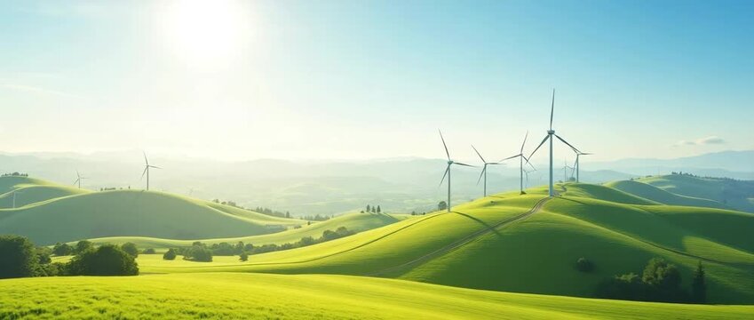 Wind turbines gently rotate on rolling green hills as the camera smoothly pans across the serene landscape, capturing the essence of renewable energy in a cinematic, eco-friendly setting.