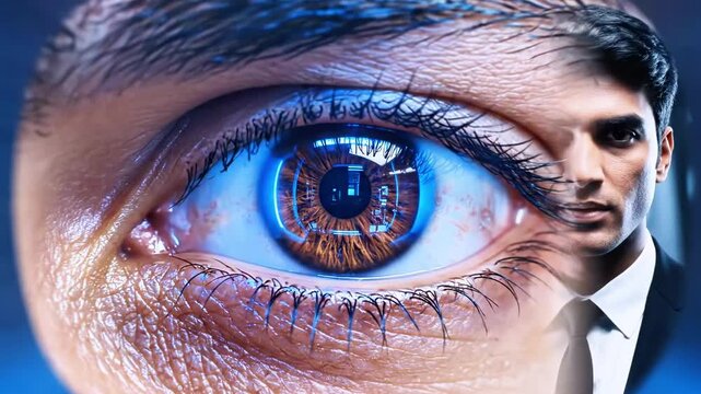 Extreme close-up of an eye peering through a glowing blue VR headset lens, conveying intense focus?!