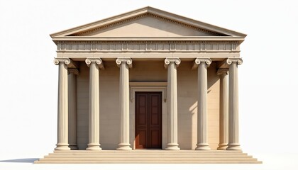 Fototapeta premium Classical temple facade with detailed ionic columns, pediment. Stone structure grand symmetrical design with central doorway, stairs leading to entrance. Represents ancient architecture, historical