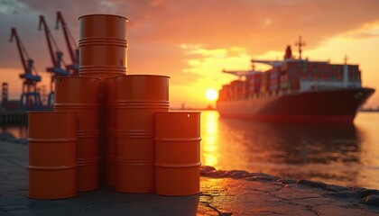 Orange oil barrels are stacked near the water at sunset. A large cargo ship and cranes are visible in the background, suggesting global trade and industry.