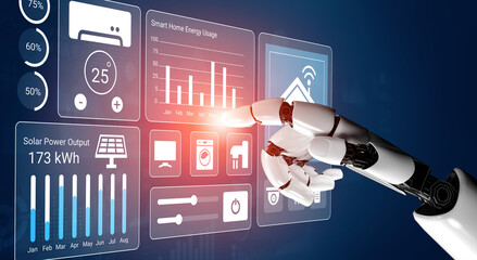 A robotic hand engages with a digital smart home interface, showcasing energy metrics and solar power data. Ideal for tech and automation themes. Gantry
