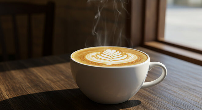 Steaming cup of latte art coffee on wooden table by window - Powered by Adobe
