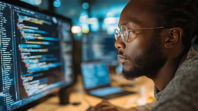 Professional programmer intently reviews colorful code on large screen, reflecting dynamic environment contemporary software development. Scene captures dedication, innovation in technology