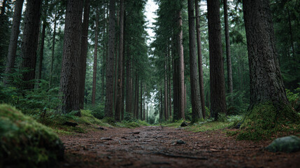 Fototapeta premium Forest pathway framed by tall pine tree forest pathway pine tree conifer trail moss evergreen woodland tree trunk perspective