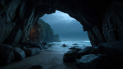 Moonlit sea cave opening to stormy ocean shore with rocky beach, dramatic cliff, foamy waves and moody blue light creating eerie, windswept atmosphere