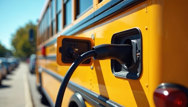 Yellow school bus plugs into electric charger on sunny day. Clean energy transport replaces gas vehicles for student commutes, preparing for future mobility.