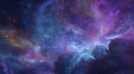 Fototapeta premium A vibrant cosmic expanse showcases swirling nebulae painted with celestial blues, purples, and golden specks of distant stars
