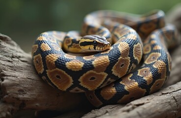 Fototapeta premium Close up of python snake coiled on wood log. Reptile has patterned skin scales, showing yellow brown black design. Animal rests peacefully in natural habitat.