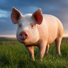 Young pink piglet standing in grassy field at sunset, piglet, pink pig, grass, sunset, farm animal, livestock