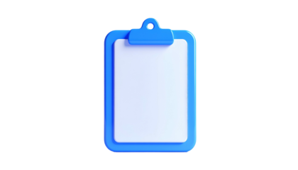 3D-rendered, light-blue clipboard with blank paper, set against a stark black background