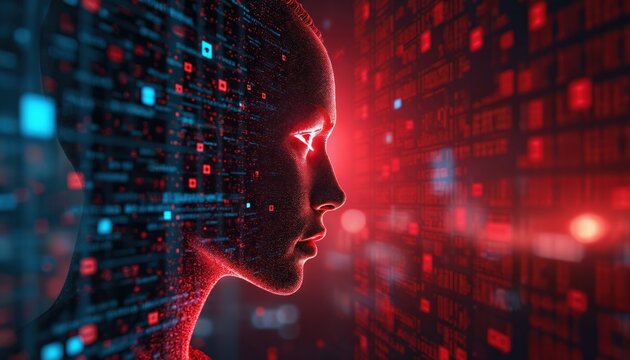 Digital face on profile view dissolving into glowing red binary code. Futuristic AI concept shows human interacting with data streams. Cybernetic interface advanced digital information network. - Powered by Adobe