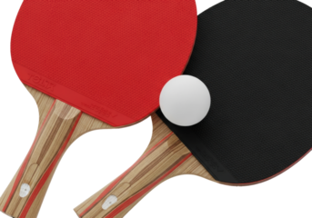 photorealistic still life of red and black professional table tennis paddles and a white ball, intricately carved wood handle detail, high-key studio light, minimalist composition. Concept of