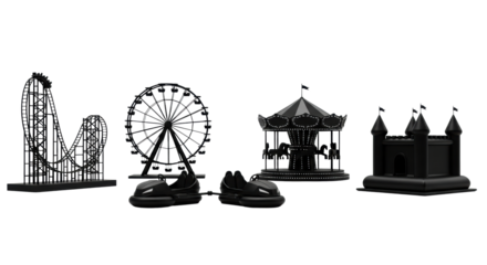Deep matte black silhouettes of roller coaster, ferris wheel, carousel, bumper cars, and bouncy castle icons, horizontally aligned on a transparent background. Concept of precise corporate iconography
