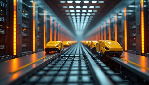 Futuristic warehouse with autonomous yellow robots moving goods on conveyor belts. Advanced automated logistics system with glowing server racks and digital screens. Industry 4. 0 smart factory. - Powered by Adobe