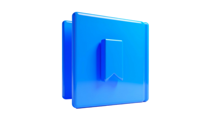 Shiny blue 3D book icon with a bookmark, isolated against a black background